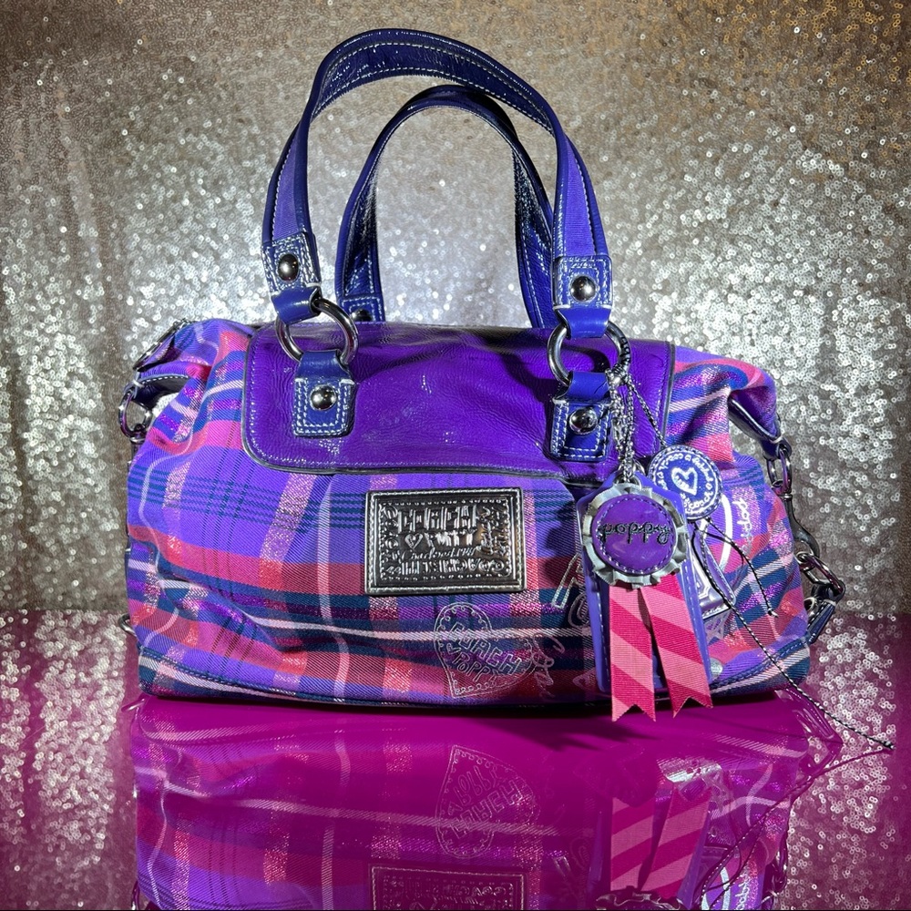 Coach Poppy Purple/Pink Tartan Plaid Two-Way Satchel Handbag Shoulderbag